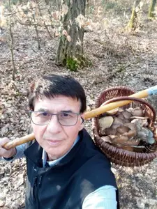Oliver mit Austernpilzkorb am Erntestecken; Foto Oliver 27.2.26