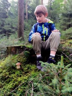 Elijah betrachtet einen Steinpilz, den ersten seines Lebens; Foto Michael 14.9.25